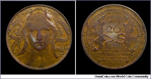 Kingdom of Italy - Victor Emmanuel III - 20 Cent. Token of International Show of Milan - Copper - mm. 22,5 gr. 9,7