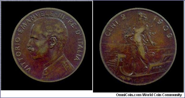 Kingdom of Italy - Victor Emmanuel III - 2 Cent. Italy/Prow - Copper