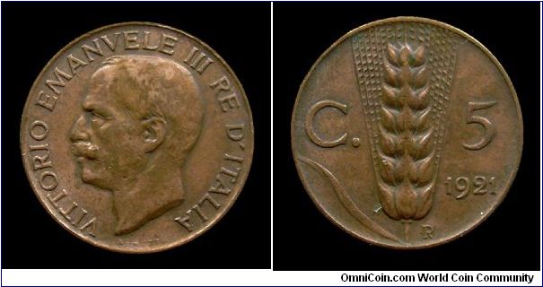 Kingdom of Italy - Victor Emmanuel III - 5 Cent. Ear of wheat - copper