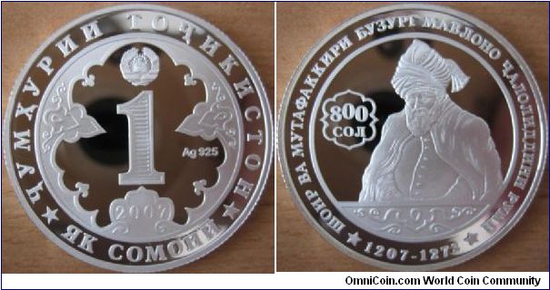 1 Somoni - 800 years of birth of the poet Rumi - 20 g Ag .925 Proof - mintage 1,000