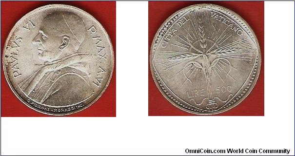 500 lire
Paulus VI Pontifex Maximus
reign year 6
0.835 silver