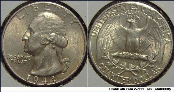 1944 Washington, Quarter Dollar, Doubled Die Obverse, Doubling of most of the obverse devises, Nose, Hair, Ear, LIBERTY, IGWT, Date, Designers Initials