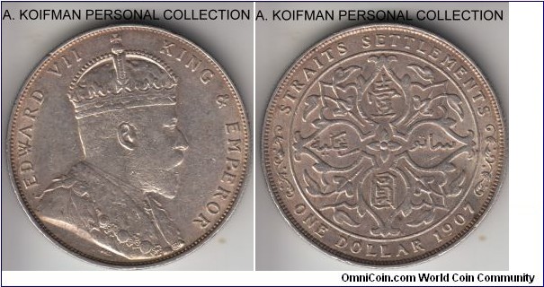 KM-26, 1907 Straits Settlements dollar, Royal Mint (no mint mark); silver, reeded edge; good very fine or slightly better.