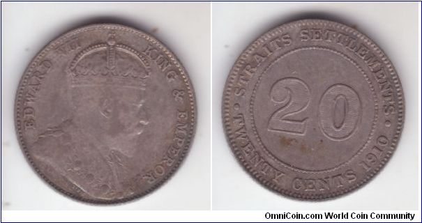 KM-22a, 1910 Bombay mint Straits Settlements 20 cents; although with unusual toning the coin is in very fine range with good details.