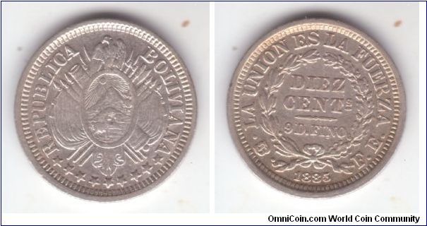 KM-158.3, 1885 Bolivia 10 centavos; nice small reeded edge coin in extra fine or about condition, Potisi mint, FE essayer