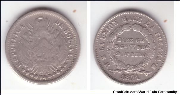 KM-153.1, 1871 Bolivia 10 centavos, Potosi mint, FE essayer; old shield, the variery with inverted V instead of A in REPUBLICA and V over L in BOLIVIA on obverse; fine or so for vear, not common.