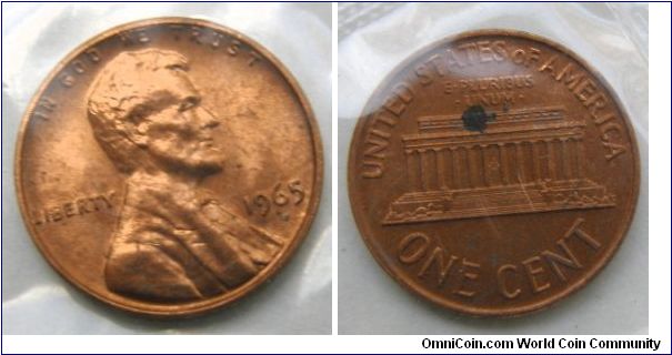 Lincoln One Cent. Metal content:
Copper - 95%
Tin and Zinc - 5% The San Francisco,California mint first struck the 1965  Special Mint Sets No Mint Mark.