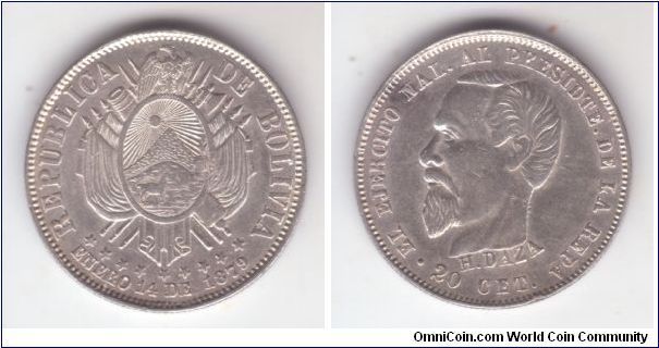 KM-166, 1879 Bolivia 20 centavos; rare contemporary monetary commemorative strike in memory of Bolivia president H.DAZA; no mintmark and no essayer initials; obverse is good very fine to extra fine and is very nice, reverse is only very fine; cleaned.