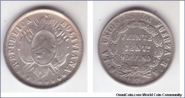 KM-159.1, 1879 Bolivia 20 centavos; about uncirculated specimen weakly struck with late worn out dies; high rims protected all inner design parts with just a touch of rubbing on the condor's breast and llama; multiple die breaks especially on reverse criss-crossing the coin