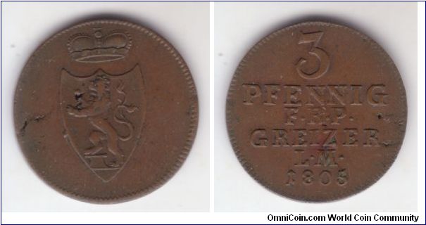 KM-90, 1805 German States Reuss-Obergreiz principality copper 3 pfennig; struck on a poor quality flan (or it may have corroded in an unusual way), otherwise almost extra fine specimen; nice rims and very well centered strike; mintage was 92,000
