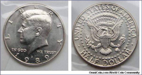 Kennedy Half Dollar, Metal content:
Outer layers - 75% Copper, 25% Nickel
Center - 100% Copper. 1989D-Mintmark: D (for Denver, CO) centered above the date.
UNITED STATES UNCIRCULATED COIN(MINT) SET.