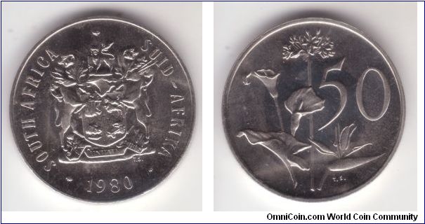 KM-87, 1980 South Africa 50 cents; proof nickel plain edge; reverse shows one of the weld flowers - Zantedeshia Elliottiana