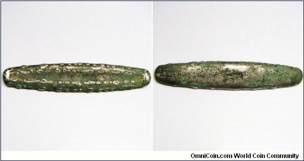 Kingdom of Langchang (Today Laos and north-east Thailand). 'Leech money' or 'Tiger Tongue money'. 57.38g, Silver (Approx. 60-75%), 90mm. Issued in the Laos region from 1571-1592. This silver bar was called 'Tiger Tongue' because of its long, flat, tongue-like shape. It's valued by weight. This smaller silver tiger tongue with 3 regnal stamps is the scarest type amongst Tiger tongue series. This is one of the most sought-after issues of the 'primitive money' series. aVF. Very Scarce.