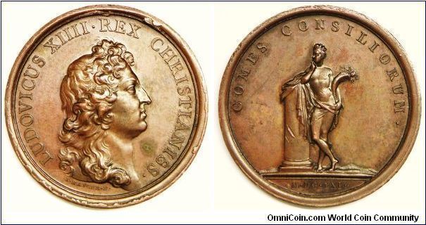 France, Louis XIV, The Secret Advice of the King, 1661. 37.54g, Brass, 40.5mm. Obverse: Bust right, 'LUDOVICUS XIIII . REX CHRISTIANISS.'. Reverse: 'COMES CONSILIORUM' (Silence is Councils' companion). The God of Silence, standing and leaned on elbows against a column, a finger on lips and holding a cornucopia; M.DC. LXI. No edge mark. Original strike. Mint: Paris