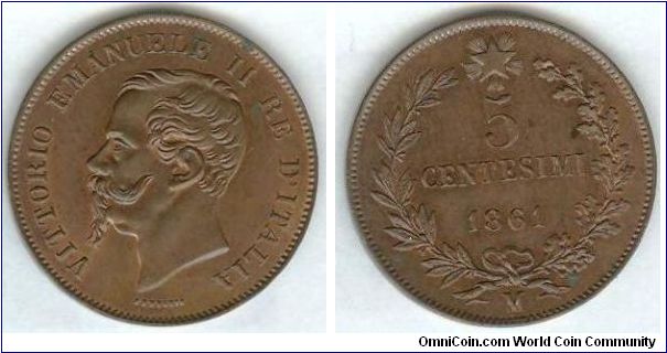 5 Centesimi 1861 M - Italy Kingdom - Vittorio Emanuele II