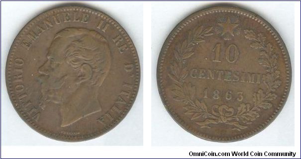 10 Centisimi 1863 (no mint sign mean Paris) - Italy Kingdom - Vittori Emanuele II