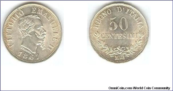 50 Centesimi Valore 1867 M - Italy Kingdom - Vittorio Emanuele II
