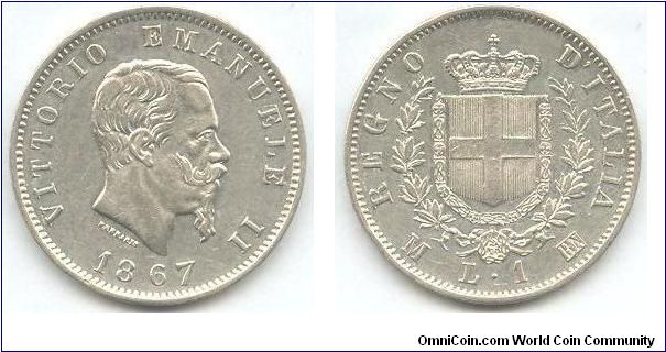 1 Lira Stemma 1867 M - Italy Kingdom - Vittorio Emanuele II