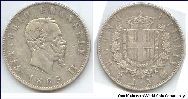 2 Lire Stemma 1863 T - Italy Kingdom - Vittorio Emanuele II