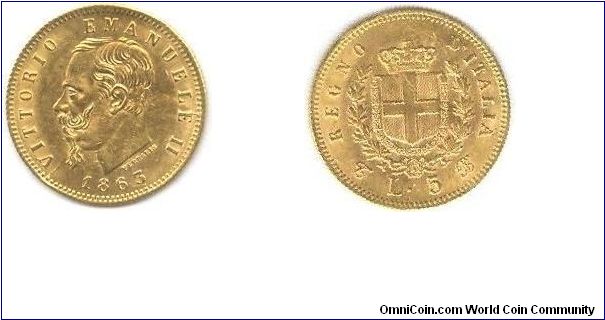 5 Lire 1863 T - Italy Kingdom - Vittorio Emanuele II
