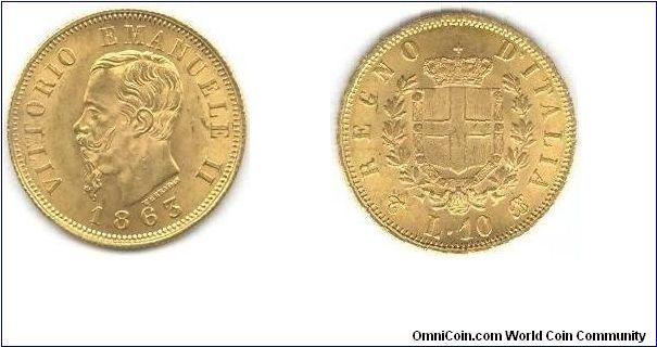 10 Lire 1863 T - Italy Kingdom - Vittorio Emanuele II