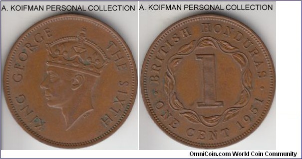 KM-24, 1950 British Honduras cent; bronze, plain edge; brown extra fine to about uncirculated, mintage 100,000.
