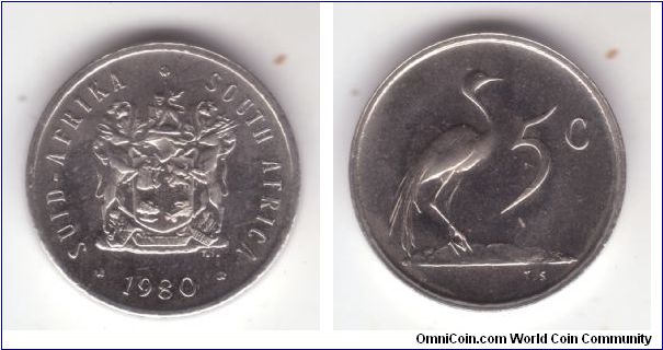 KM-84, 1980 South Africa 5 cents; nickel, plain edge proof, blue crane on reverse