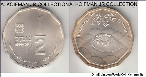 KM-126, 1983 Israel 1/2 sheqel, Munich (Germany) mint; silver, 12-sided flan, plain edge; some peripheral toning started on reverse of this Holy Land commemorative series, from the 3 coin set, mintage 11,044, uncirculated.