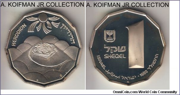 KM-128, 1983 Israel sheqel, Munich (Germany) mint; proof, silver, 12-sided flan, reeded edge; Holy Land commemorative series - Herodion palace ruins, mintage 10,372, deep cameo, light toning and few spots.