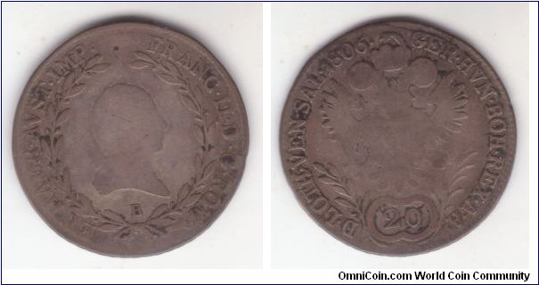 KM-2140, 1806 Austria B Kremnitz mint 20 kreuzer; rather worn, probably very good early XIX century coin. edge is rather worn.