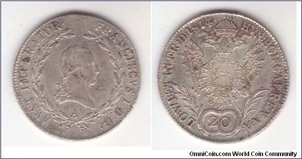 KM-2142, 1814 Austria Wienna (A) mint 20 kreuzer in silver; nice possibly extra fine coin with vell preserved portrait