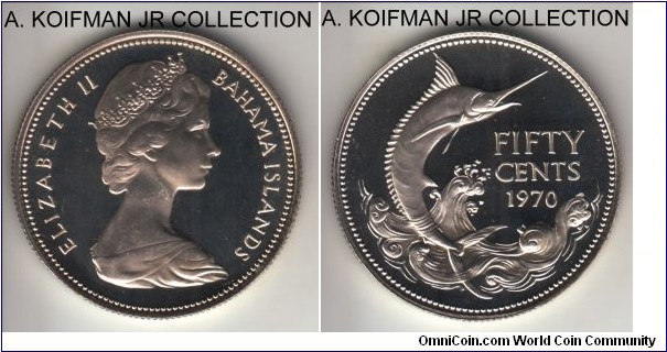 KM-7, 1970 Bahamas 50 cents; silver, reeded edge; proof variety of the typpe, mintage 26,000, nice cameo, minimal toning on Queen's neck.