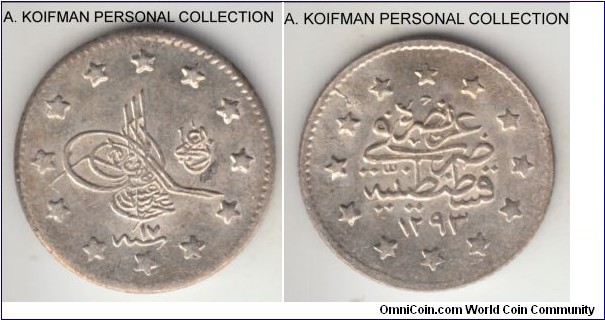 KM-735, AH1293 year 17 (1892) Turkey (Ottoman Empire) kurush, Qustantiniyah mint; silver, reeded edge; common but pleasing to the eye tiny uncirculated coin.