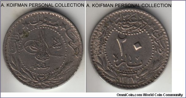 KM-761, AH1327 (1914) Turkey 20 para, Constantinople mint; copper nickel, plain edge; rather circulated coin of the more common variety with Reshat right of tughra.