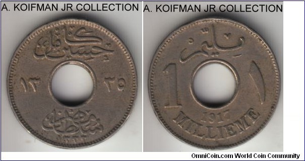 KM-313, AH1335 - 1917 Egypt millieme; copper-nickel, plain edge; Hussein Kamil under British occupation, very fine or so.