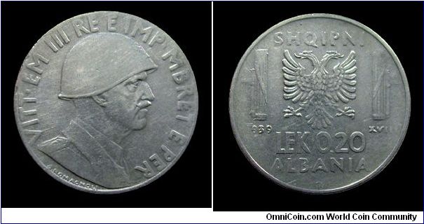 Kingdom of Italy (Albania) - Victor Emmanuel III - 0,20 Lek (Antimagnetic)- Acmonital/Nickel