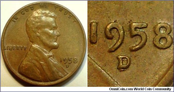1958D Lincoln, One Cent, Re-punched Mint Mark, D/D/D Nice Spread to the South and a Split Upper Serif