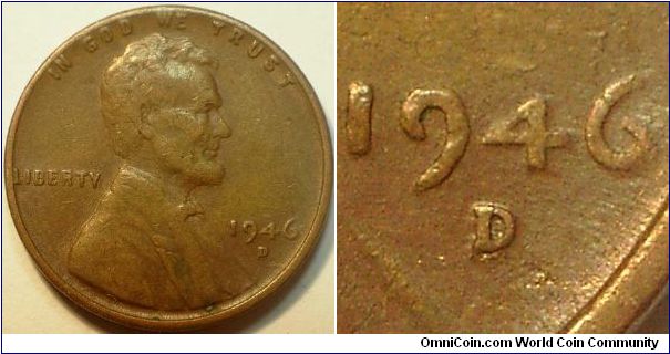 1946D Lincoln, One Cent, Re-Punched Mint Mark, D/D, Wide Spread South East of the Primary