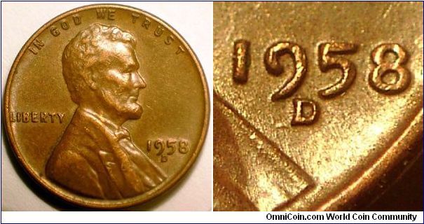 1958D Lincoln, One Cent, Re-punched Mint Mark, D/D/D/D/D Shows as a Lower Horizontal Bar West, Extra Serif Northwest and Two Punches in the Vest