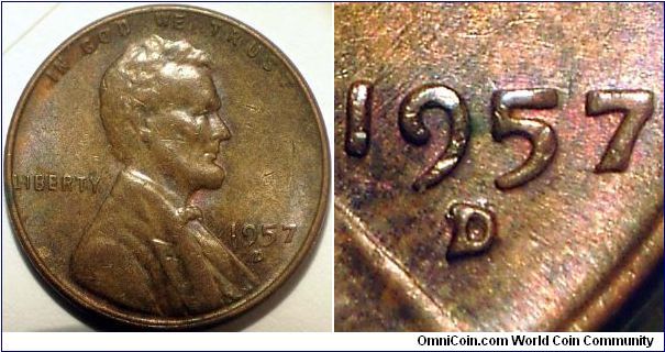 1957D Lincoln, One Cent, Re-punched Mint Mark, D/D/D, Two Extra Punches Show on This LDS Example