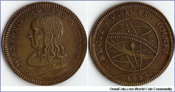 Interesting mule of the obverse of a jeton issued for Antonius Morand, Dean of the faculty of Medecine at Paris (1660, 1663, and 1664)with the reverse of the 1662 jeton issued for the Kings Counsel.