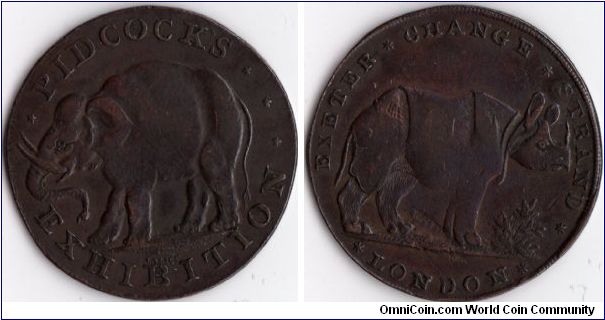 Middlesex halfpenny `Pidcock's Exhibition' with Elephant obverse, Rhinoceros reverse.