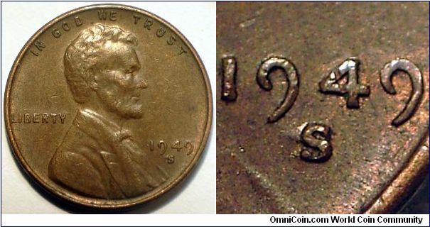 1949S Lincoln, One Cent, Re-punched Mint Mark, S/S/S, Two Extra Punches to the West of the Primary