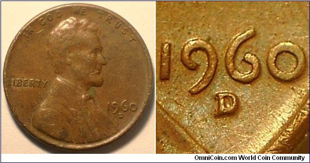 1960D Lincoln, One Cent, Re-punched Mint Mark, D/D, Southwest of the Primary, LDS