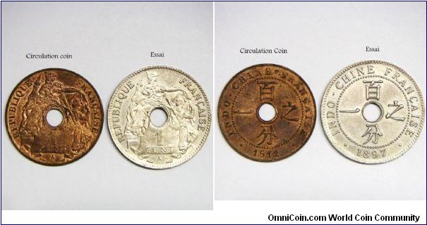 French Colony, French Indo-China, 1 Cent. The comparison between circulation issue and Essai coinage. The circulation issue is bronze (left), which is smaller and light (26mm, 5.02g) compare to Essai copper-nickel coin (right, 28mm, 7.80g). The edge of circulation coin is plain whereas the Essai coin with incused legend 'ESSAI' on edge. The obverse and reverse legend of Essai is high relief and larger than circulation coin.