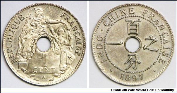 Essai Coinage, French Colony, French Indo-China (Cambodia, Laos, Tonkin, Annam and Cochinchina), 1 Cent, 1897A. 7.80g, Copper-Nickel, 28mm. Edge legend: ESSAI. Mint: Paris. Uncirculated. Rare.