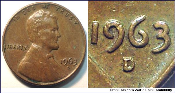 1963D Lincoln, One cent, Re-punched Mint Mark, D/D, Close Spread North of the Primary