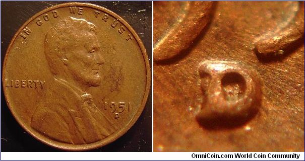 1951D Lincoln, One Cent, Over Mint Mark, D/S