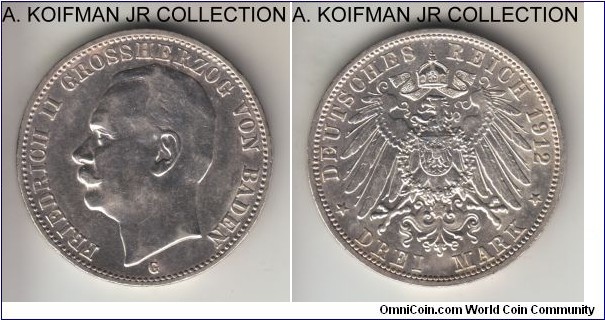 KM-280, 1912 German State Baden 3 mark, Karlsruhe mint (G mint mark); silver, lettered edge; Grand Duke Friedrich II, nice good extra fine reverse, possibly cleaned, and uncirculated lustrous reverse.