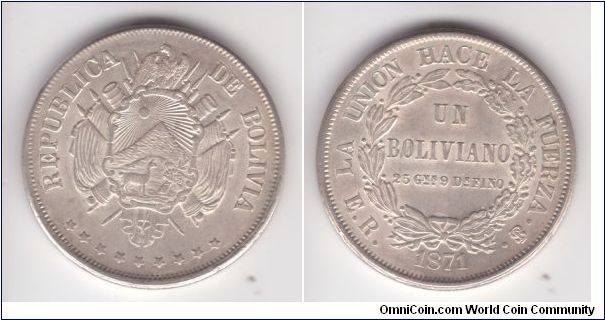 KM-155.4, 1871 Bolivia boliviano; Potosi mint; original luster on this very nice about uncirculated coin; and I finally got a .4 variety with normal wreath and 9 stars on obverse; the best boliviano I have so far